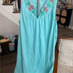 Source Unknown Aqua Nightgown with Floral Embroidery
